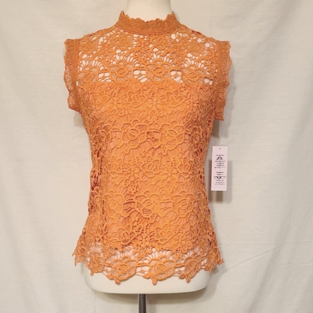 Elegant Coral Sleeveless Lace Top